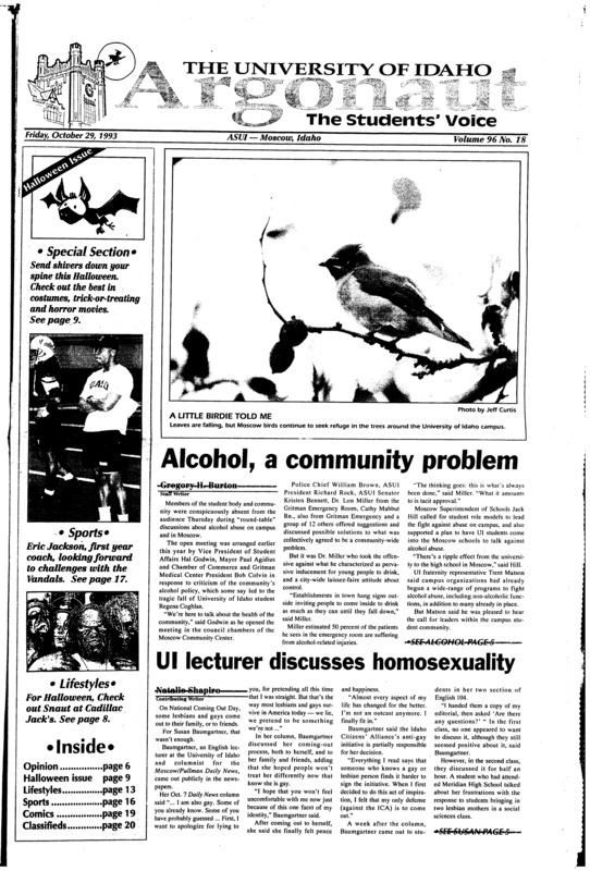 Alcohol, a community problem; UI lecturer discusses homosexuality; Angry WSU student with rifle stomrs UI fraternity, arrested (p2); Hall sponsors annual haunting (p11); Horrors give life to dead party (p12); Snaut to give Halloween treat (p13); How to avoid Grizzlies (p14); Jackson accepts coaching challenge at Idaho (p17) [Halloween Horror special section starts on page 9]