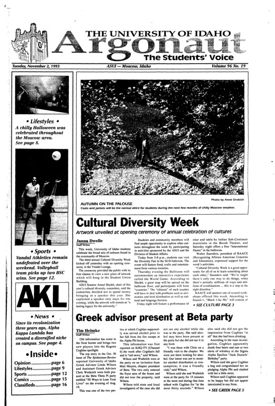 Cultural Diversity Week: Artwork unveiled at opening ceremony of annual celebration of cultures; Greek advisor present at Beta party; Alpha Kappa Lambda takes campus by storm (p4); Credit available for Hawaii spring break (p5); Snaut too much for Moscow: Handful of people receive the Snaut experience on Halloween (p9); ‘Bump in the Night’ just right (p10); UI volleyball wins this weekend (p12); Vandals victorious in final road game (p12)