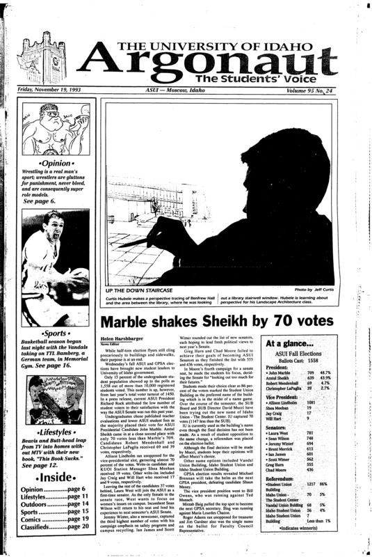 Marble shakes Sheikh by 70 votes; Bike thefts race through campus (p2); Council amends anti-discrimination policy (p3); 1% Initiative: Ron Rankin returns with a new hope for lowering property taxes in Idaho (p3); ROTC battalion best in West (p4); Student severely attacked (p4); Cockroaches bring insect appreciation (p4); McCall rest stop encourages safety (p5); Ridenbaugh exhibits student art (p11); Smokers try to go cold turkey for a day (p11); Charlie Brown no blockhead, trees need love (p14); Oregon falls on ice to Idaho (p17)