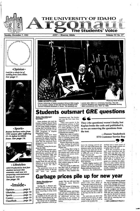 Students outsmart GRE questions; Garbage prices pile up for new year; Educational Tech Fair offers new-age sights (p2); Good Samaritan: WSU student shot while offering roadside aid (p3); Avoid risks with inside decorations (p5); Cartel plays last show Dec. 17 (p10); Zappa’s Universe, still alive despite death (p11); Diverse art at Prichard Gallery (p12)