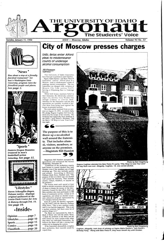 City of Moscow presses charges: SAEs, Betas enter Alford pleas to misdemeanor counts of underage alcohol consumption; Idaho executes inmate for first time in 37 years (p2); Internet expands to meet student needs (p4); Financial aid causes big problems, lines (p5); They must think all customers are mindless idiots (p7); Quilt artistry showcased in center: Karen Hagen combines talent and quilting techniques into art (p10); Andrus appoints McCall native Writer-in-Residence (p10); Die hard fans wait all night for Sawyer Brown (p11)
