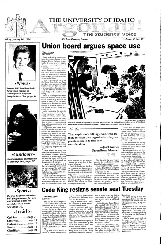 Union board argues space use; Cade King resigns senate Tuesday; Grinch steals electronics from residence halls (p3); Braille now available in Moscow (p4); Police seek info about 1969 murder (p5); Leroy to run for U.S. Congress (p6); University animal research regressive (p7); Art details horror: A graphic tale of an artist journey through childhood physical, sexual abuse (p10); If we forget the dream, what was the point of waking up? (p12); Mysterious structures enhance trip (p17); Basketball issue (p19) [Special sports: Basketball issue starts on page 19]