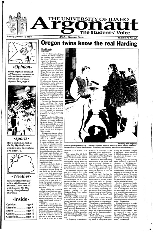 Oregon twins know the real Harding; Edward R. Murrow stamp debuts Friday (p3); Earthquake rocked California (p3); Marble travels to Boise, will meet with legislators (p4); Provost to be found through D.C. search agency (p4); Phi Kappa Tau party a violation of new policies (p5); Skydivers assemble for nationals: Student travels to Florida to attend National Collegiate Skydiving Championships (p12); Ladies set school record (p14)