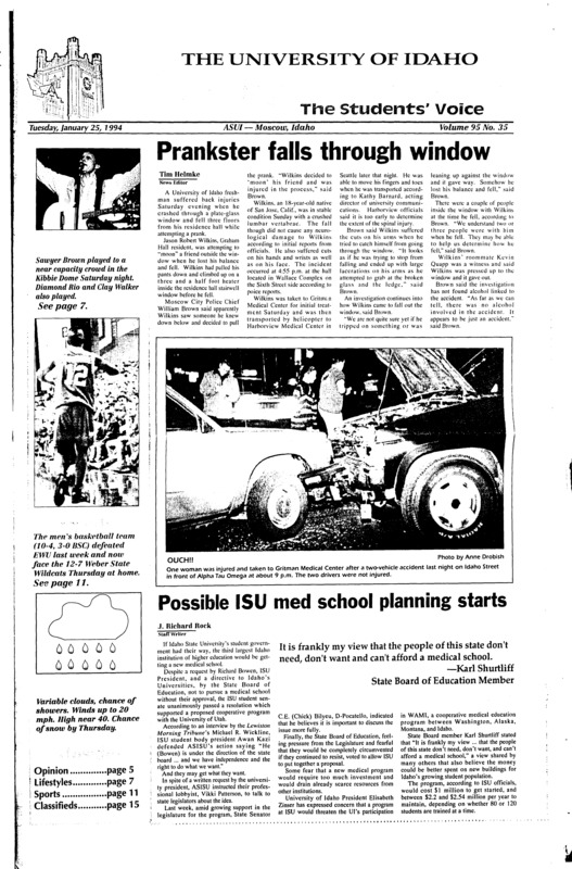 Prankster falls through window; Possible ISU med school planning starts; Greeks attempt self-patrolling (p3); Clark passes responsibilities to Dupuy (p3); Task force seeks fair education for all (p3); Brown sparks crowd of 5,300 (p7); CLass gives new perspective on Vietnam War (p8); Faculty, students display art in Moscow galleries: Ridenbaugh hosts striking student art (p9); The Joy Luck Club depicts Chinese-American experience (p9)