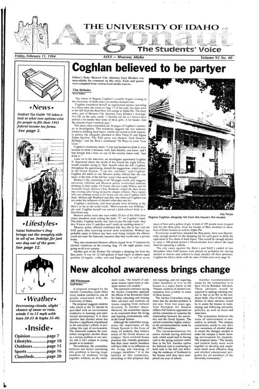 Coghlan believed to be partyer; New alcohol awareness brings change; Students tell secrets of dating in Moscow (p10); Valentine Notes: From your loved one (p11);Wearables win women’s hearts not chocolate (p12); Child care center offers romance while fundraising (p12) [First headline front page has an editor’s note;]
