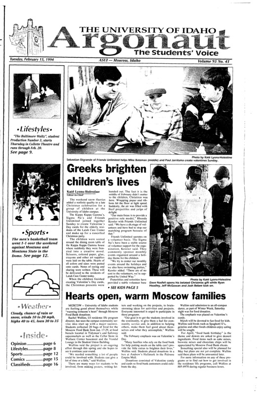 Greeks brighten children’s lives; Hearts open, warm Moscow families; Country station fights to keep tower (p3); California tops list of states left behind (p4); Homosexuality not a choice (p6); Barger ‘welcomes’ students with art: Graphic artist works to create alternative to Ridenbaugh Hall (p8)