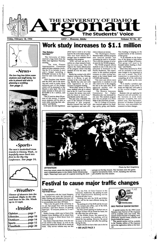 Work study increases to $1.1 million; Festival cause major traffic changes; Jazz festival fills up local lodging (p5); Artists seek adventurous performers (p10); International friends share worlds (p12); Clogs a blast from the past in shoe styles (p12); Off beaten path at Pete Ott lake: Through snow and unmarked roads, the group forged ahead (p14); Cheerleaders not all dumb blondes (p15)