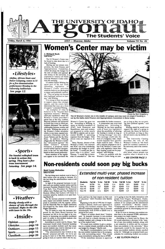 Women’s Center may be victim; Non-residents could soon pay big bucks; Phi Kappa Tau suffers for policy violations (p3); Faculty Council argues alcohol policy recommendations (p4); Retreat results in changes for 1994 Fall Greek Rush (p6); Rights group battles initiative (p11); African group dances to WSU (p12)