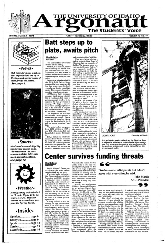 Batt steps up to plate, awaits pitch; Center survives funding threats;Greeks chosen for national service: National officials choose UI students to serve their respective fraternal organizations (p3); Students recognized for efforts (p5); Students start planning for summer: Summer job opportunities open up for college students across Northwest (p5); Greeks must control abuse, degrees of infraction irrelevant (p8); Women celebrated during March (p10)