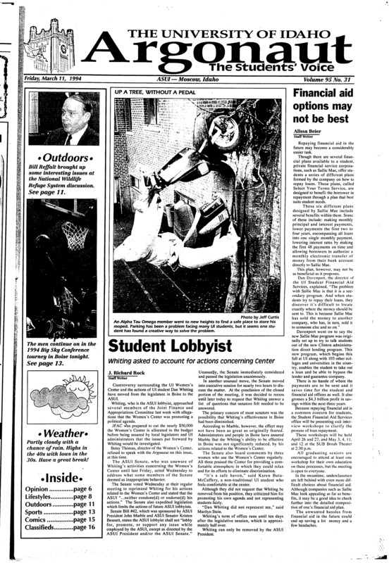 Financial aid options may not be best; Student Lobbyist: Whiting asked to account for actions concerning Center; Spring break warning: Avoid foreign drug problems (p4); Fraternity opens doors to theater (p4); Indians given college aid (p4); Women not given equal chances (p8); Escort service brings safety (p9); Guatemalan prisoner speaks (p10); Wildlife refuges conserve rare animals (p11)