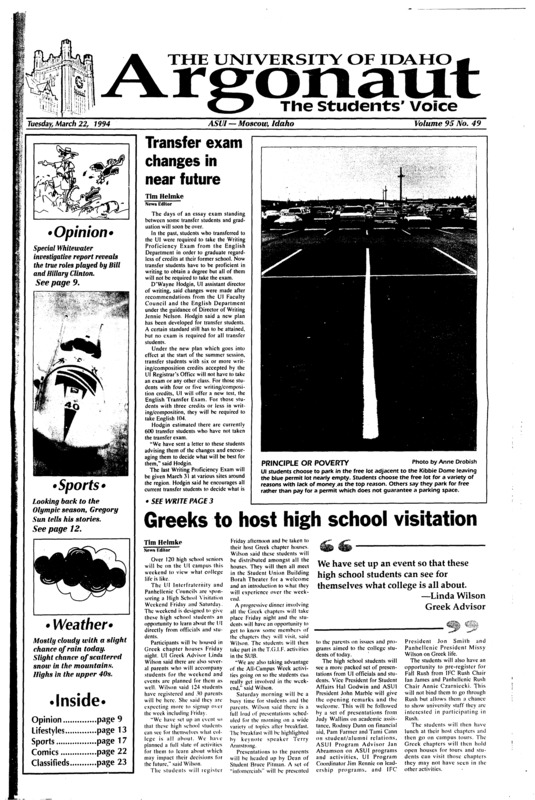Transfer exam changes in near future; Greeks to host high school visitation; Professor looks into hate-crimes (p3); Research agreement reached (p5); Volunteers help KUID-TV (p5);Attorneys claim Heber receiving improper treatment in Boise: Judge to hear motion in mid-April, may reduce sentence if Heber’s claims are true (p7); Men need their own center (p10); Women fight ultimate battle of equality (p13); Four-day celebration honors women in history (p14); UNO: World organization celebrates 50 years (p14); Olympic dream transcends to ‘98 (p17)