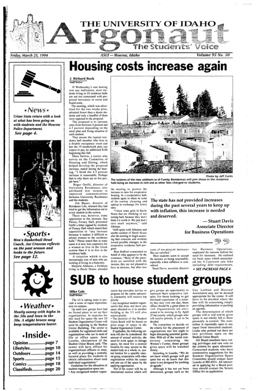 Housing costs increase again; SUB to house student groups; Dependence on drugs discussion (p3); Spring break uneventful (p4); Cyberspace takes off (p6); Water fight focus of Borah (p10); Concert ‘moshes’ audience (p10)