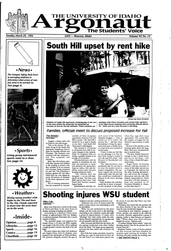 South Hill upset by rent hike: Families, officials meet to discuss proposed increase for fall; Shooting injuries WSU student; Fee increase bring student input: Administrators hear response to proposed increases in fees, tuition (p3); Council to survey faculty on diversity (p4); WAMI: Magazine names program No. 1 in nation (p7); Wardrobe door opens at Admin: C.S. Lewis’ children’s story mingels fantasy, Christian themes (p12); Belizean explains peaceful home (p12)