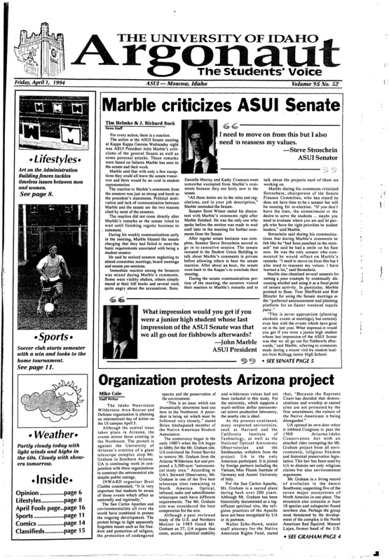Marble criticizes ASUI Senate; Organization protests Arizona project; Architects: Contest sponsored to redesign Seattle Commons (p3); Lawn display shows off Greeks (p6); Issues not skirted by fence (p8) [Page 16 is the April Fools page]