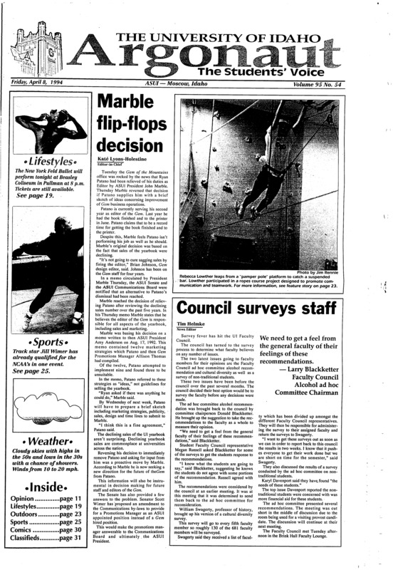 Marble flip-flops decision; Council surveys staff; Thief can cure cold, nothing else (p3); Imaginative teaching, learning earn grants (p3); UI adds diversity (p4); Alternatives to Violence: April is Sexual Assault Awareness Month (p5); Peer advisors teach down side of drugs (p6); Letter reveals past problems (p9); A day in the life at the University of Idaho (p15); Beasley hosts famous ballet (p19); International Bazaar: Friday’s activites in the SUB Ballroom give campus and students opportunites for diversity (p20) [Parent’s weekend special page 7]