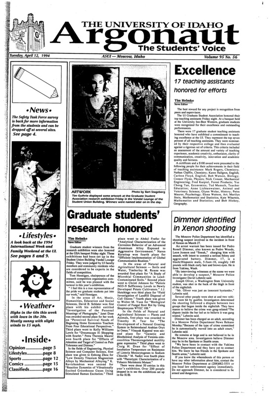 Excellence: 17 teaching assistants honored for efforts; Graduate students’ research honored; Dimmer identified in Xenon shooting; Thomas to teach rape awareness (p3); Honoring students: Convocation speaker enlightens audience (p8); Who has the right to kill: International perspectives on death and imprisonment (p9); Rage of Spain hits US. plain (p10); Tobacco myths endanger users (p10); Hungarian people not like Europeans (p11)