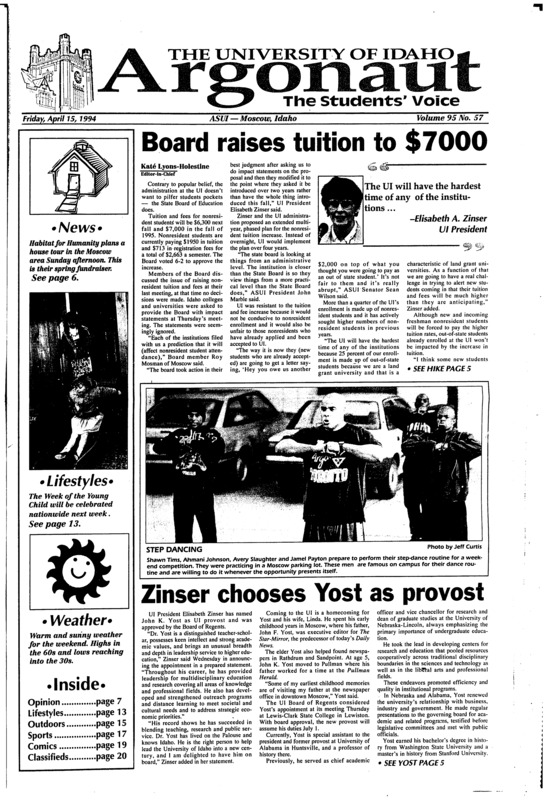 Board raises tuition to $7000; Zinser chooses Yost as provost; Increased awareness goal of week (p3); Greeks shine (p4); Increased bicycle thefts leave owners searching for new activities (p4); Habitat for Humanity holds house tours (p6); Week of the Young child: The Early Childhood Center fights for a future (p13); Tiny Lives: collage of dark colors, emotions (p14); Big game hide in boondocks (p15); Horn hunting saves gene pool (p15); Convention makes geography history (p16)