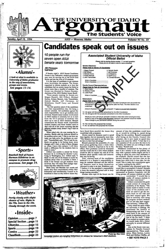 Candidates speak out on issues: 10 people run for seven open ASUI Senate seats tomorrow; Sexual assault awareness week: ASUI schedules events to analyze issues involved (p3); Homeless gain from UI program (p5); Homosexuals, Greek meet in open forum: Men, women describe their ‘coming-out’ experiences to help promote understanding (p6); New country faces adventures (p15) [Senior send-off special starts on page 11]