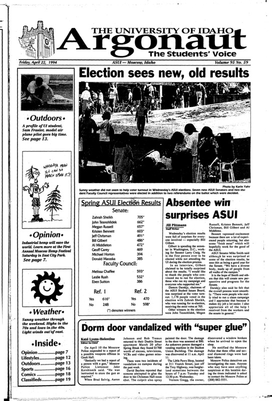 Election sees new, old results; Absentee win surprises ASUI; Dorm door vandalized with “super glue”; Election flaws shine through: Fall results questioned for accuracy, look to future for solutions (p3); Joyce’s cyberspace lecture shows hypertext ins, outs (p4); Five chosen for Hall of Fame (p5); Showing features professor’s story: Three local groups sponsor benefit showing of ‘Schindler’s List’ to educate communities about real WWII holocaust (p12); Alliance works for acceptance (p12); Take-offs optional; landing mandatory (p13)