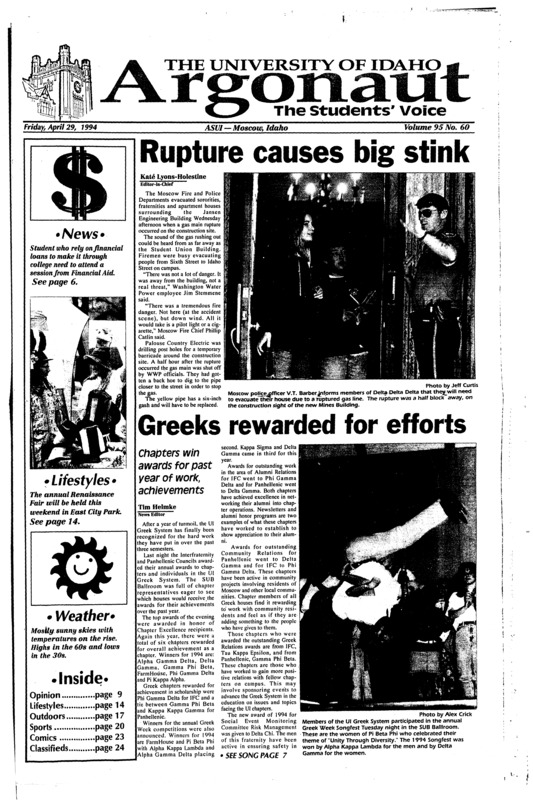 Rupture causes big stink; Greeks rewarded for efforts: Chapters win awards for past year of work, achievement; Diversity results come through (p3); Fair offers nutrition, family fun (p14)