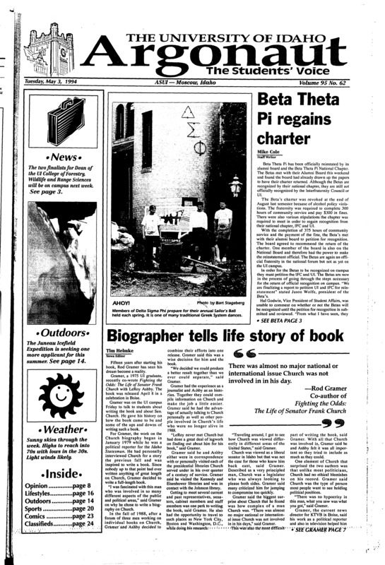 Beta Theta Pi regains charter; Biographer tells life story of book; Mules hit Bishop Trail (p4); Master’s exit project questions horrors (p17); Vacation different in Japan (p17); Statues in need of repair (p19)