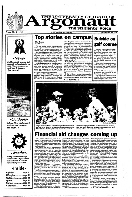 Top Stories on campus; Suicide on golf course; Financial aid changes coming up; Residence halls win (p6); Spain more than rumored dream land (p11); White water adventure: Daredevil rafters complete homework on river (p14); Campus recycling could save money, energy (p16)