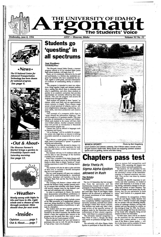 Students go ‘questing’ in all spectrums; Chapters pass test: Beta Theta Pi, Sigma Alpha Epsilon allowed in Rush; FFA students take over campus (p3); ‘94 Upward Bound offers opportunity (p4)