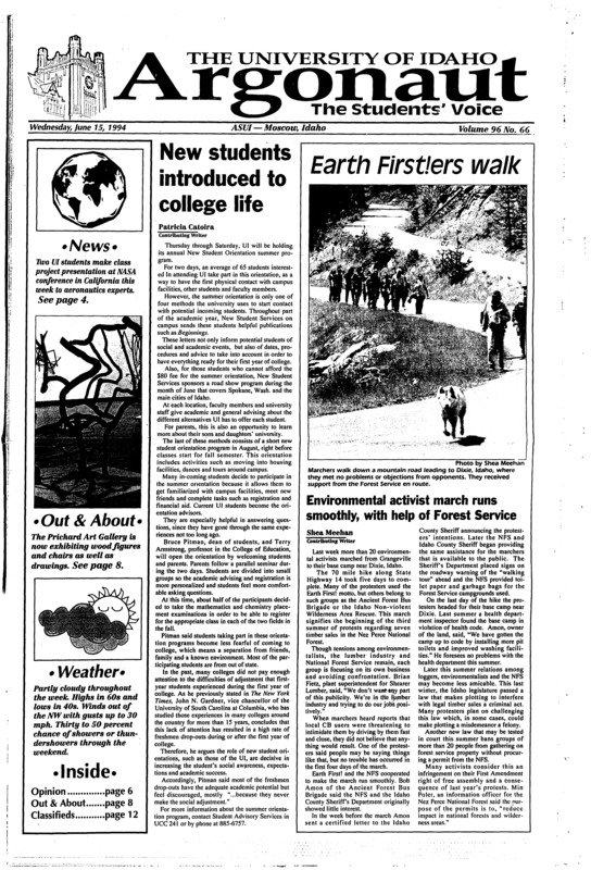 New students introduced to college life; Earth First!ers walk: Environmental activist march runs smoothly, with help of Forest Service; Poisoning stops (p3); Group places pride in environment (p3); Students make presentation to NASA, experts (p4); EchoHawk tells of ups, downs (p5); McConnell Mansion evokes nostalgia: Local mansion riah in history, great for afternoon visit (p9); Brown bag concert series begins today (p10); Festival Dance now accepting applications (p11)