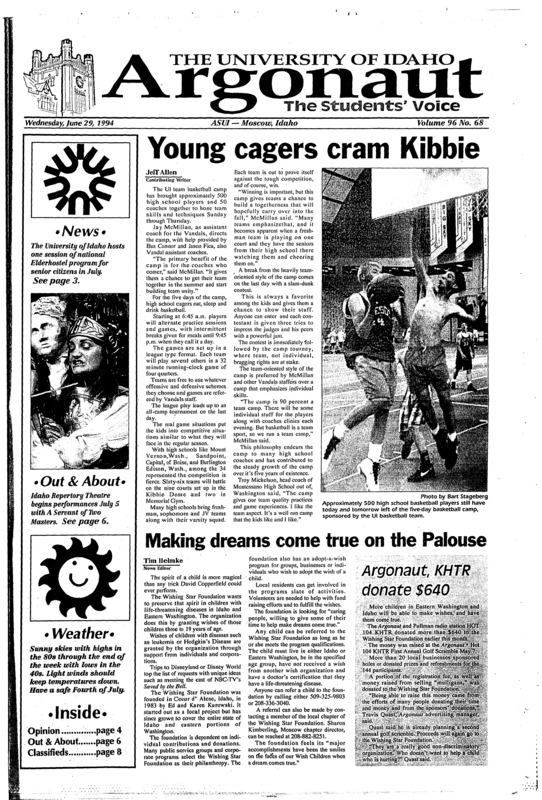 Young cagers cram Kibbe; Making dreams come true on the Palouse; Argonaut, KHTR donate $640; Elderhostel offers academic program: Senior citizens gain in summer classes, events (p2); Agriculture brought to classroom (p3); 24 teachers go back to geography class: National Geographic Society, state sponsor geography continuing ed for Idaho teachers (p4); Landlord required to install detectors (p3); First Security Games coming: Entries still accepted for competition (p6); Photos depict creek woes (p7)