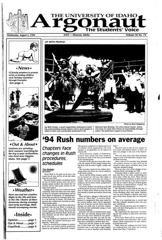 ‘94 Rush numbers on average: Chapters face changes in Rush procedures, schedules; Feeding young children: Video presentation series teaches proper techniques, eating safety (p3); Transportation center gains grants for needed equipment (p4); Conference held in SUB (p4); Digging for answers to the past through today’s eyes (p7)