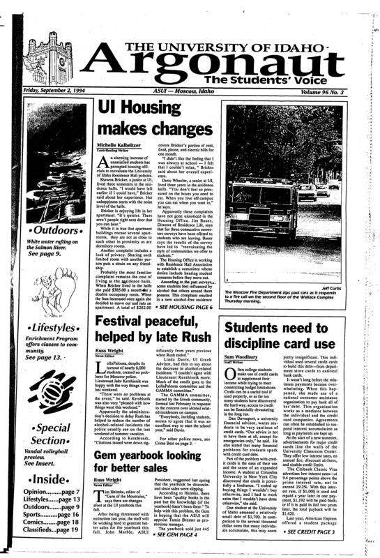 UI housing makes changes; Festival peaceful, helped by late Rush; Students need to discipline card use; Gem yearbook looking for better sales; Health insurance and services benefit students: Health center receives 27,000 patient visits per year (p3); Police still searching for flasher (p4); Lace heritage displays (p14) [Volleyball season review starts on page 11]