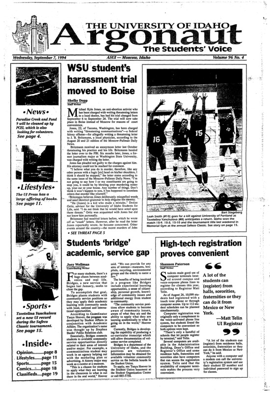 WSU student’s harassment trial moved to Boise; Students ‘bridge’ academic, service gap; High-tech registration proves convenient; University yard sale coming up this weekend (p3); Two people struck by reckless riders (p5); Greeks learn to party, drink safely (p6)