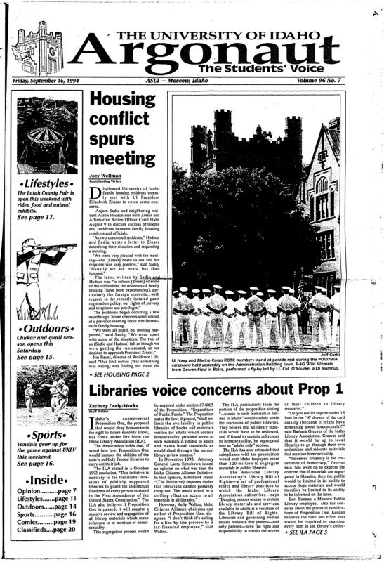 House conflict spurs meeting; Libraries voice concerns about Prop 1; On-campus employment interviews to begin soon (p4); White applicant claims bias (p4); Conservationists and forest industry debate wilderness: Panel discusses viability on more or less (p5); Latah county fair offers excitement: Fair will exhibit everything from quilts to giant pumpkins (p11); Dookie an album of slacker anthems (p13); Misadventures can end up loads of fun (p15)
