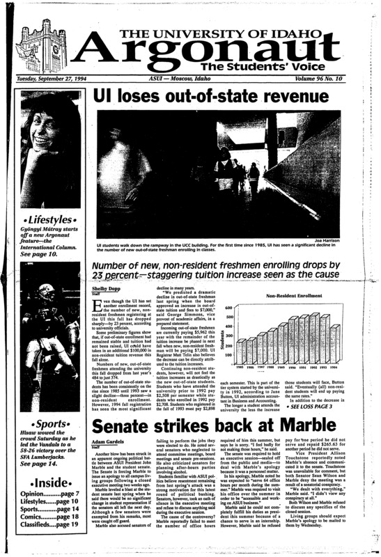 UI loses out-of-state: Number of new, non-resident freshmen enrolling drops by 23 percent- staggering tuition increases seen as the cause; Senate strikes back at Marble; Wheatland express free for students (p2); Diabetes clinics offered: Pullman Hospital hopes to curb complications (p2); Universites do part for planet (p3); Reflections of Finland (p10)