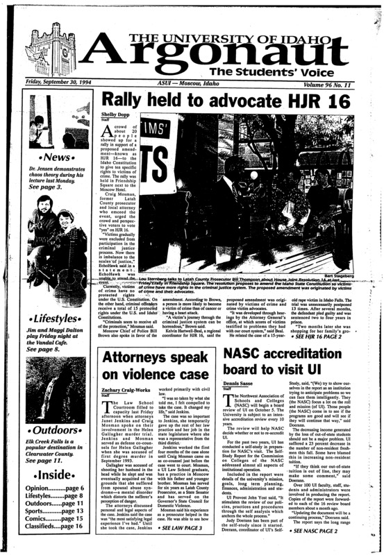 Rally held to advocate HJR 16; Attorneys speak on violence case; NASC accreditation board to visit UI; UI seeks to improve cultural awareness (p2); ‘Embedded in chaos is simplicity’ (p3); Career fair brings in prospective employers (p5); Daltons liven up Vandal Cafe with ethnic music (p8)