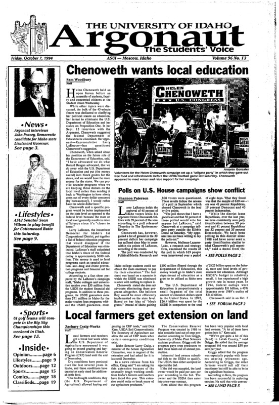 Chenoweth wants local education: Polls on U.S. House campaigns show conflict; Local farmers get extension on land; UI hit with burglaries (p2); HJR 16 offers rights (p5); Wilson plays ‘Jail House Rock’ benefit (p9); Flaming Lips influential musicians (p9)