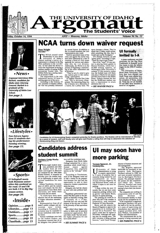 NCAA turns down waiver request: UI formally invited to I-A; Candidates address student summit; UI may soon have more parking; Auction to support ‘No On One’ campaign (p2); Native American heritage month (p13); Hypnotist puts ‘em to sleep (p13); Latin Culture at festival (p14); Cool night, bright day for Rec. Club campers (p17); Geology field trip more than an experiment (p17); Students speak out on sports strikes (p21)