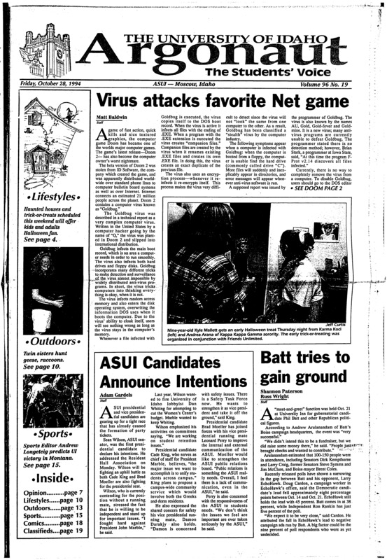 Virus attacks favorite Net game; ASUI Candidates announce intentions; Batt tries to gain ground; Woman combat pilot dies in crash (p3); Small, floating bombs unnerve police (p3); Landfarming works to clean up future parking lot (p6); Illegal aliens charged with crime may face deportation (p6); Haunted houses, Jack-o-Laterns & other Halloween thrillers (p10); Twin sister hunt just for fun (p13)