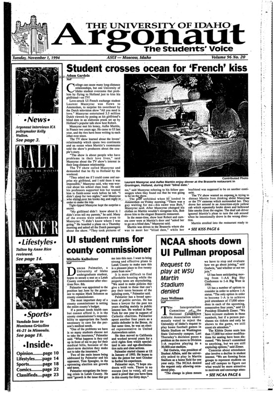Student crosses ocean for ‘French’ kiss; UI student runs for county commissioner; NCAA shoots down UI Pullman proposal: Request to play at WSU Martin Stadium denied; Bystander tackles gunman (p2); Gunman kills recycler for can of beer (p2); Orange Bowl has new home (p6); Sex study reveals young adults not promiscuous (p9); Bandung: an old town in an era of modernization (p14)