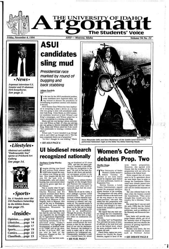 ASUI candidates sling mud: Presidential race marked by round of bugging and back stabbing; UI biodiesel research recognized nationally; Women’s Center debates Prop. Two; Forum discusses HJR 16 (p6); Blood drive slated for next week (p7); Arizona Democrat promises gay marriages (p8); Eight annual Tubaween kills Barney (p14)