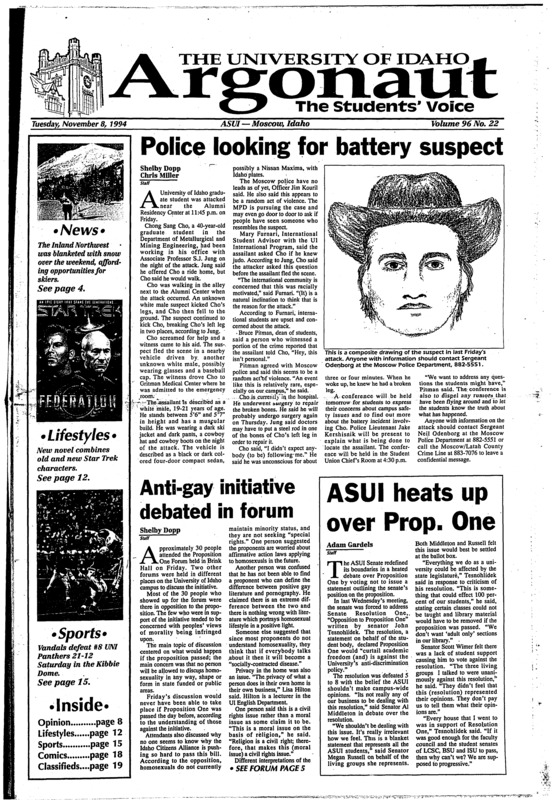 Police looking for battery suspect; Anti-gay initiative debated in forum; ASUI heats up over Prop. One; Balck residents angered by reaction to false story (p2); French Canada debates taboo subject: World War II (p3); Simpson case spotlights dating abuse problems (p6); ‘Federation’ is fun, uplifting (p12); Don’t cry for Diego, Argentina (p12)