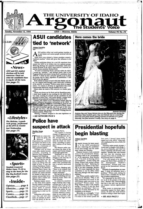 ASUI candidates tied to ‘network’; Police have suspect in attack; Presidential hopefuls begin blasting; ‘Drug money’ has new meaning: Cocaine sticks to three quarters of all paper bills in Los Angeles (p2); California city may make concealed weapon permits easier to get (p2); Wedding bells rang at half-time (p6); Challis girl honored (p6); Melvins on cutting edge of rock (p19); ‘Coming to America’ (p22)