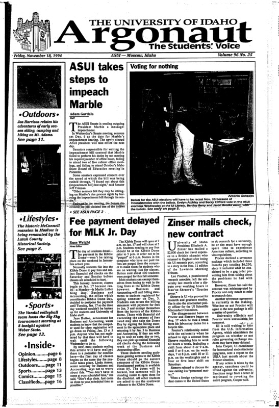 ASUI takes steps to impeach Marble; Fee payment delayed for MLK Jr. Day; Zinser mails check, new contract; Lasers determine waste content (p2); CD-ROMs produced here on campus (p2); Irish Prime Minister Reynolds resigns (p3); Stanford commissions New Guinea carvers for sculpture garden (p5); TKE runs to Boise St. Jude Hospital (p5); ASUI elections voided (p5); Mansion piece of local history: Local museum being restored (p8); Celebrate World AIDS day (p9)