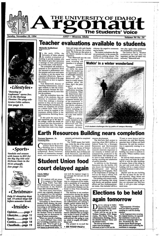 Teacher evaluations available to students; Earth Resources building nears completion; Student Union food court delayed again; Elections to be held again tomorrow; Islamic militant attack on the increase against intellectuals: Free speech, democracy threatened in the Mid-East (p2); Assault suspect arrested (p5); Professors fear hard times ahead: Republican takeover of congress seen as ominous (p6); Celtic celebration comes to the Palouse (p11); NAFTA important to foreign business majors (p11); Task Force plans to educate Palouse (p14)