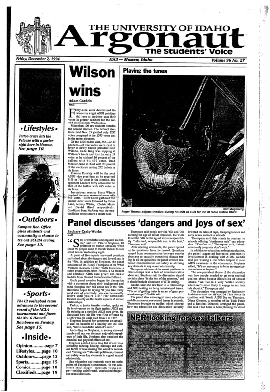 Wilson wins; Panel discusses ‘dangers and joys of sex’; NPR looking for sex talkers; UNICEF sells cards to help kids (p2); Tattoos on the Palouse (p10); ’Stanton’s Garage’ energetic, fun (p12) Wilderness stewardship starts with us (p13)