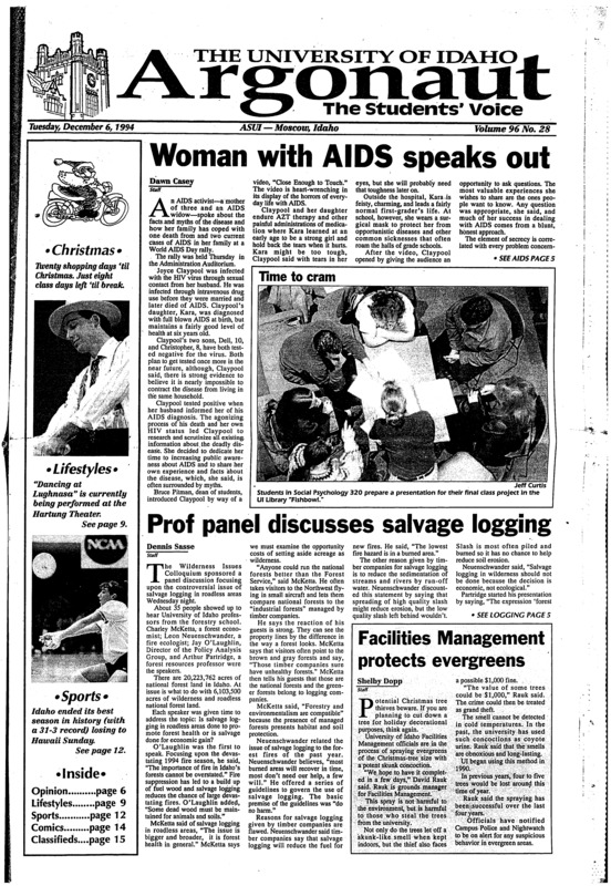 Woman with AIDS speaks out; Prof panel discusses salvage logging; Facilities Management protects evergreens; Congressional abortion tide turns: Republican takeover of Congress seen as ominous for abortion rights advocates (p2); Just one UI student serving in AmeriCorps (p5) [Holiday gift guide starts on page 17]