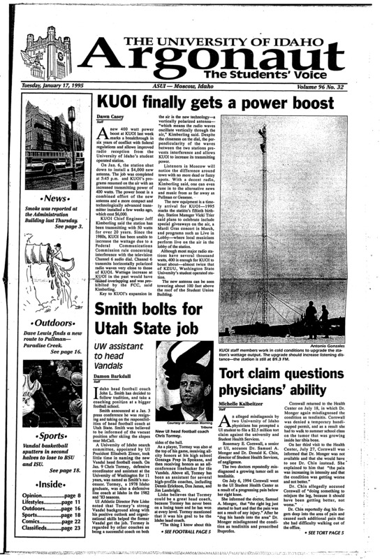 KUOI finally gets a power boost; Smith bolts for UTAH state job: UW assistant to head Vandals; Tort claim questions physicians abilityClinton assails GOP plan to gut service program (p2); Students still awaiting new vandal card release (p3); Idaho volleyball reaching new heights (p20)