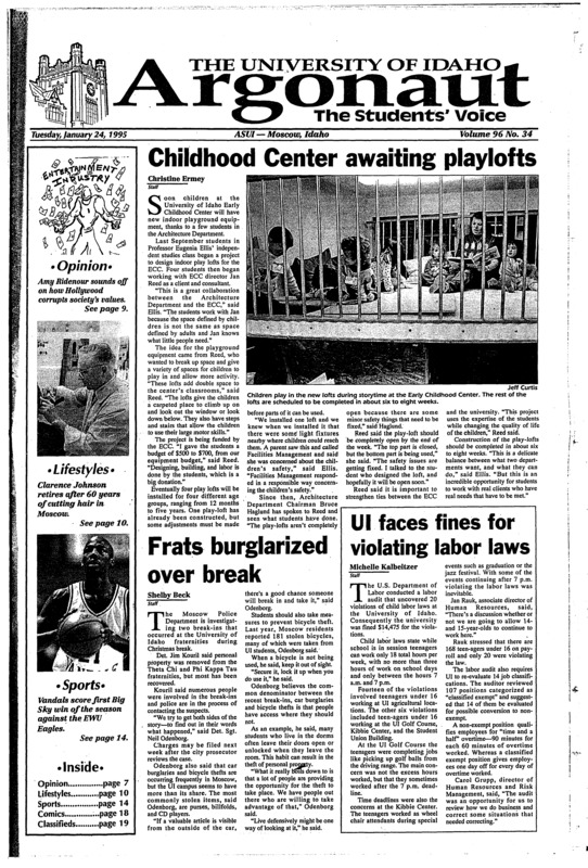 Childhood center awaiting playlofts; Frats burglarized over break; UI faces fines for violating labor laws; Japanese stock market drops amid quake fears (p5); Living legend calls it quits (p10); ASUI concerts tries for big time bands (p10); Creative healing is at your finger tips: International women's association meeting covers massage (p13); Eagles scratch out win over Vandals (p15);