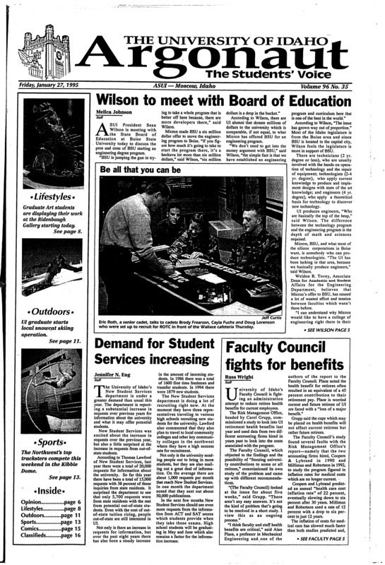 Wilson to meet with the board of education; Demands for student services increasing; Faculty council fights for benefits; Sigma phi epsilon moves to UI (p2); No more lines at UI pharmacy (p3); UI hydrogeology professor offers aquifer insight (p12); Vandals play sloppy; Weber state romps (p13); Tormey wastes no time as new head coach (p14); Vandals hope to axe jacks (p15);
