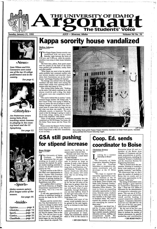 Kappa Sorority house vandalized; GSA still pushing for stipend increase; Coop. E.D. sends coordinator to Boise; UI scientists study apple flavor (p3); ACM presentation looks at 'history of computing' (p3); UI duo rated one of America's top college acts (p6); UI course addresses diversity (p7); Native American art on display (p17); WSU presents modern fable of India (p17); NAU, Weber, no match for Idaho women: Vandals pick up first weekend sweep in two years (p18); Winless streak over for UI (p19); Tormey forsees bright future for Vandal football (p20);